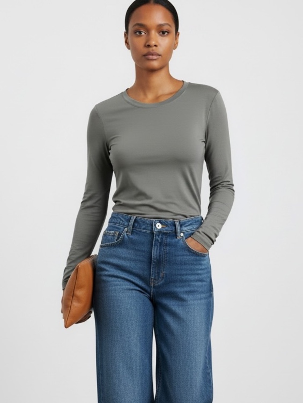 1304 • Stone Grey Butter Soft Microfiber Long Sleeve Round Neck Tee